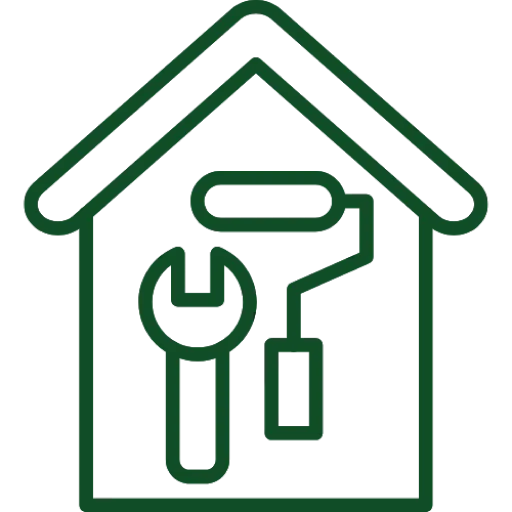 Symbol eines Hauses mit einem Schraubenschlüssel und Farbroller.