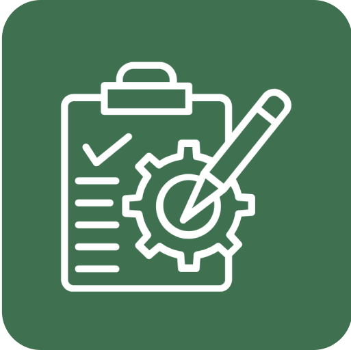 Symbol eines Klemmbretts mit einer Checkliste, einem Zahnrad und einem Stift für Einstellungen.