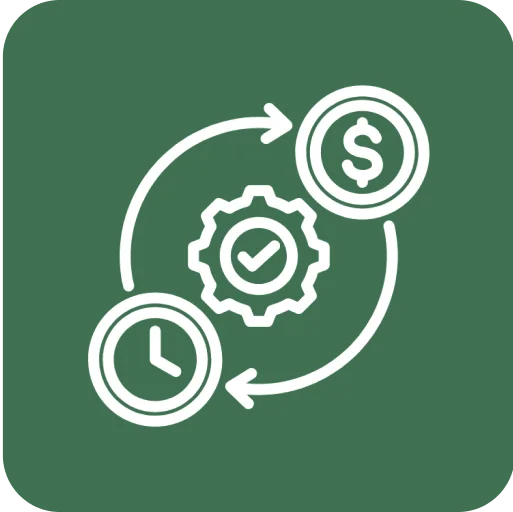 Symbol für effiziente Zeit- und Geldverwaltung mit Zahnrädchen, Uhr und Dollarzeichen.