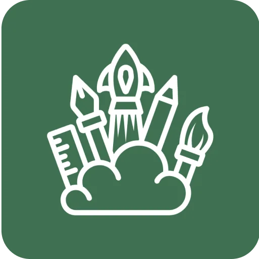 Weiße Symbole von Lineal, Füllfederhalter, Rakete, Bleistift und Pinsel aus Wolke auf grünem Hintergrund.