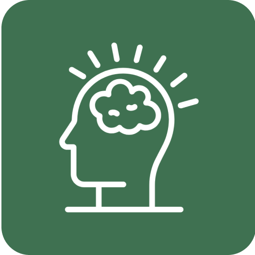 Silhouette eines Kopfes mit Gehirn und Strahlen, die Konzentration oder Intelligenz symbolisieren.