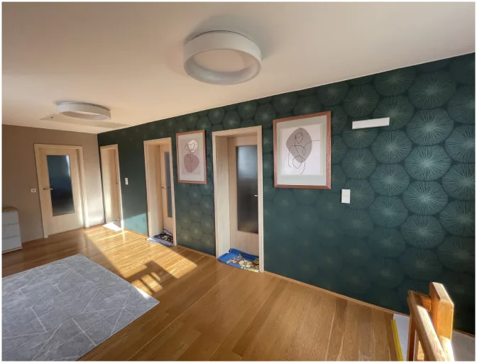 Flur mit Holzboden, drei Türen, dunkelgrüner gemusterter Wand und moderner Deckenbeleuchtung.